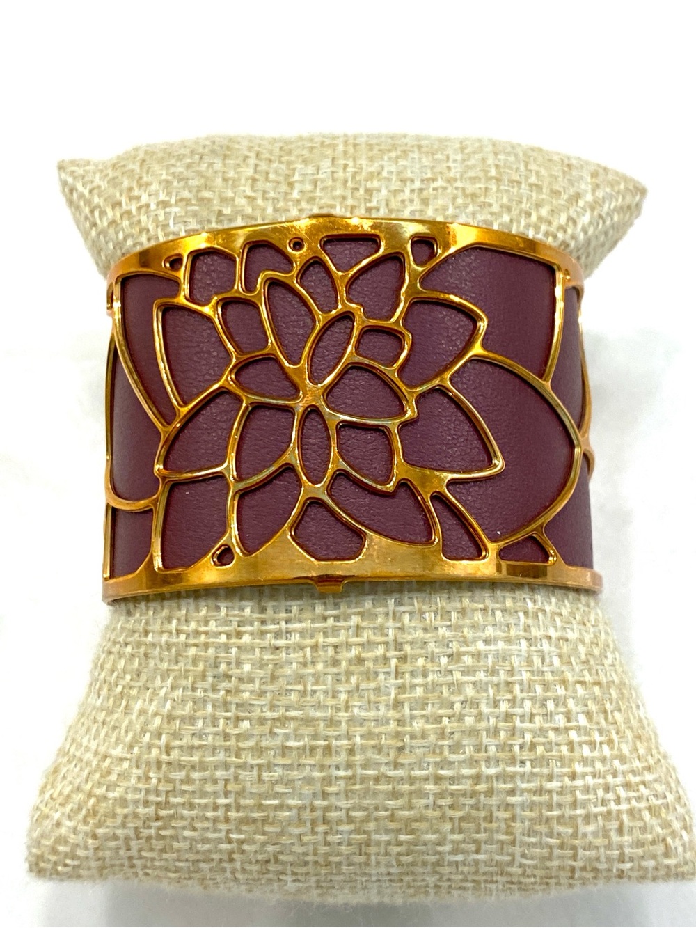 Gold-Tone Floral Cutout Cuff Bracelet in Burgundy